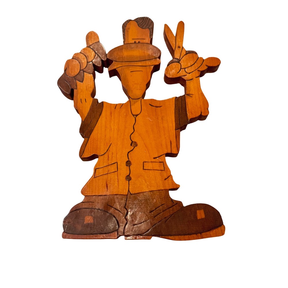 E Morgan Wood Carving 1991 Folk Art Man Holding Comb Scissors Barbershop